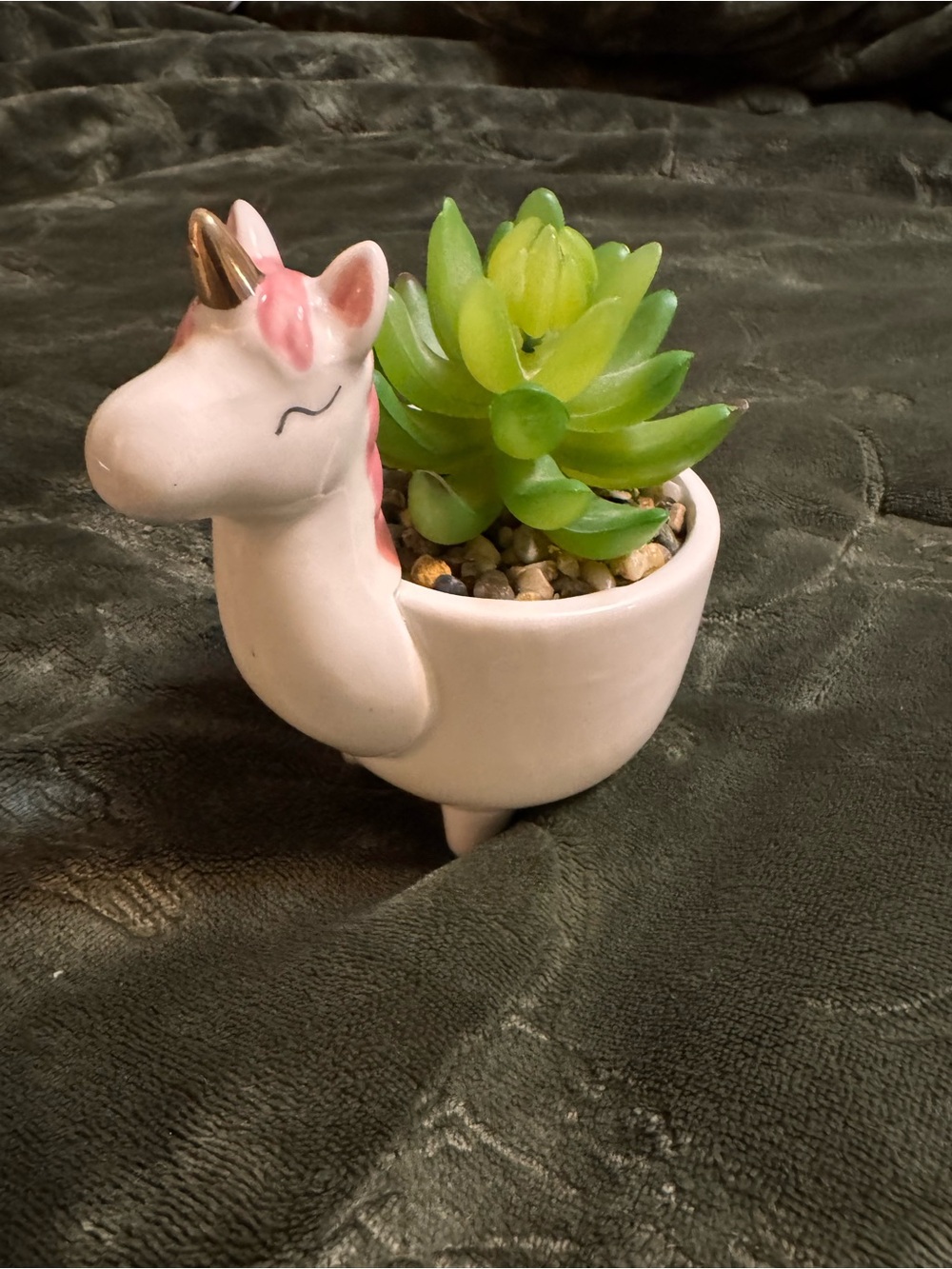 Unicorn Ceramic Planter with Faux Succulent - White & Pink